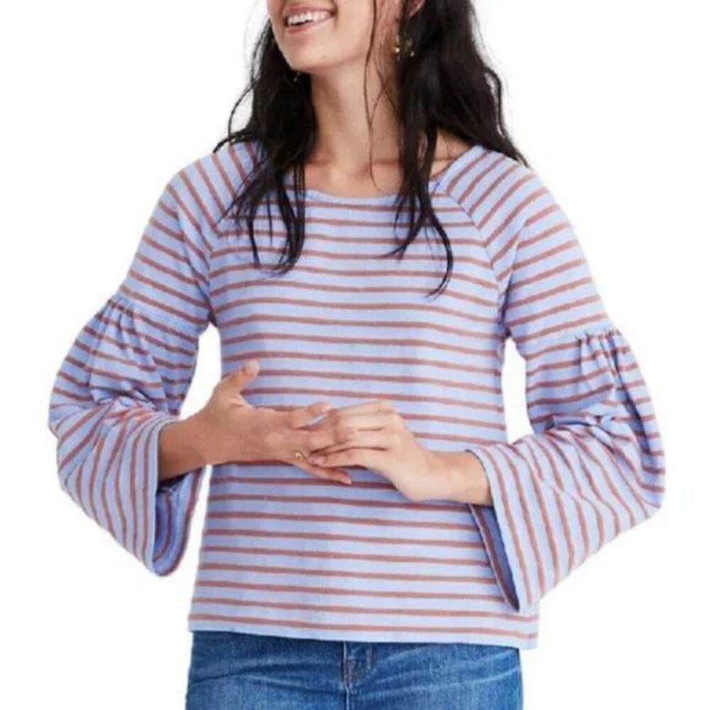 Madewell Shirred Flare Long Sleeve Sailor Top Lilac Rust Stripe Cotton Shirt